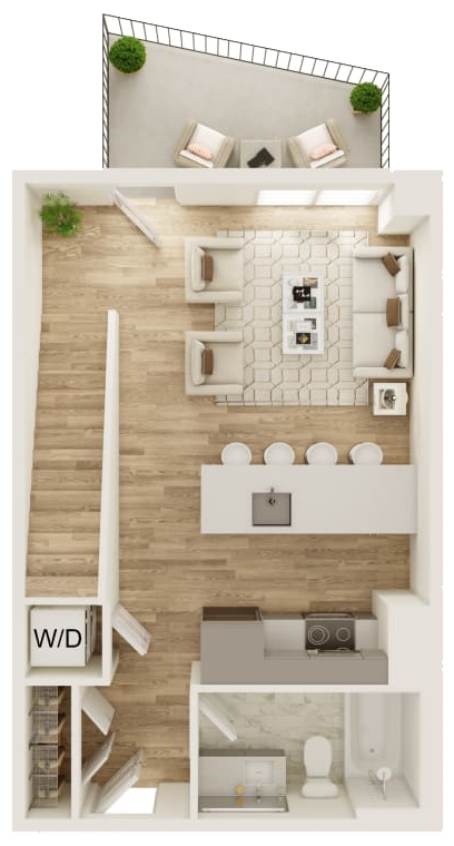Floor plan for studio, 1 bath, 653 sqft